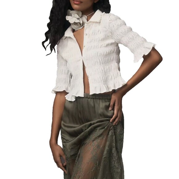 Maeve Tops - MAEVE Anthropologie Smocked Button Front Top XS Ivory Natural Cottagecore Chic